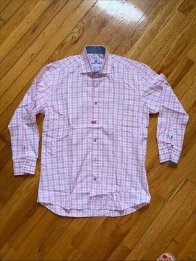 Bertigo Men's Pink Plaid Long-Sleeve Dress Shirt with Contrast Collar